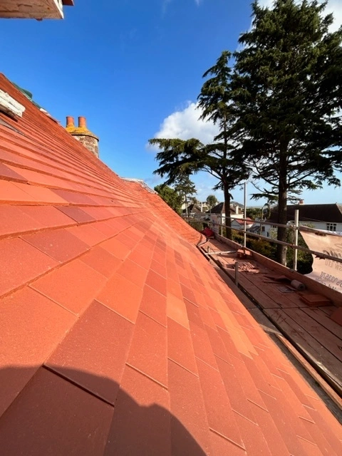A completed new slate roof showing clean lines and expert tile placement on a residential home in Paignton.